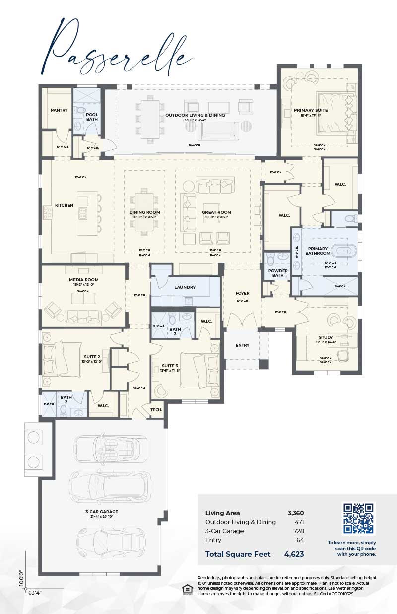 Passerelle Floorplan - 3 Bedrooms, 5 Baths, Den, 3-Car Garage, 3,360 SF Living Area, 4,623 SF Total Area