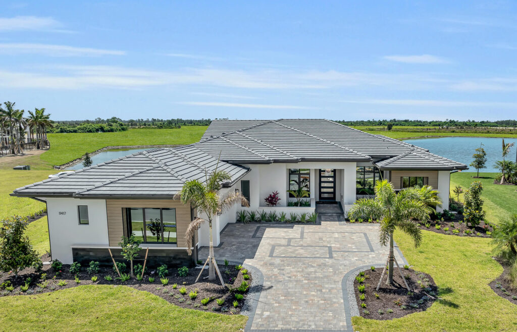 Custom home built by Lee Wetherington Homes: Haven model home exterior areal view.