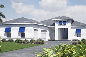 Starfish model home rendering by custom home builder Lee Wetherington Homes in Lakewood Ranch, FL, showing the front elevation with tropical landscape and contemporary architectural design.