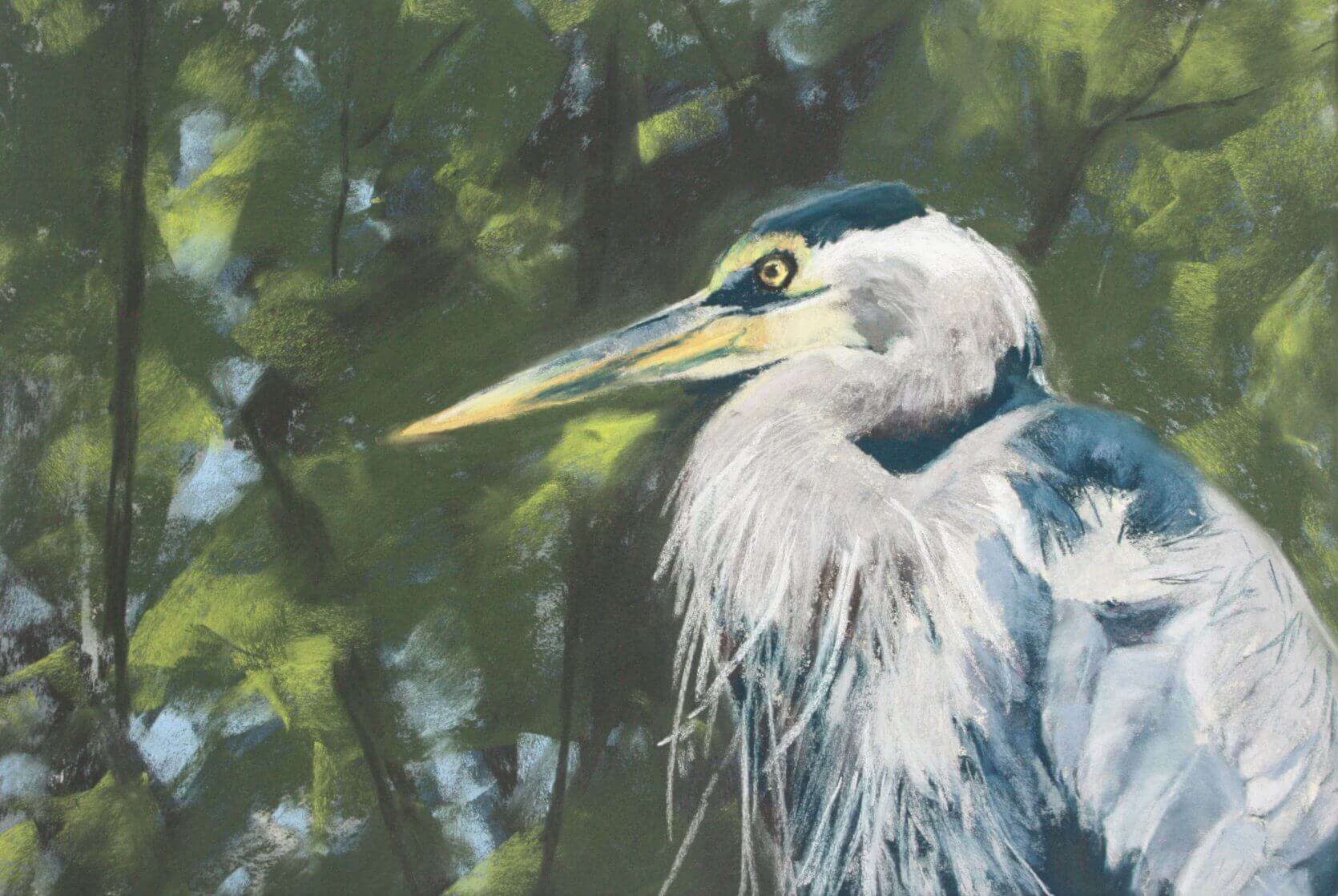 A beautifully detailed painting of a great blue heron among lush green foliage, highlighting its striking features.