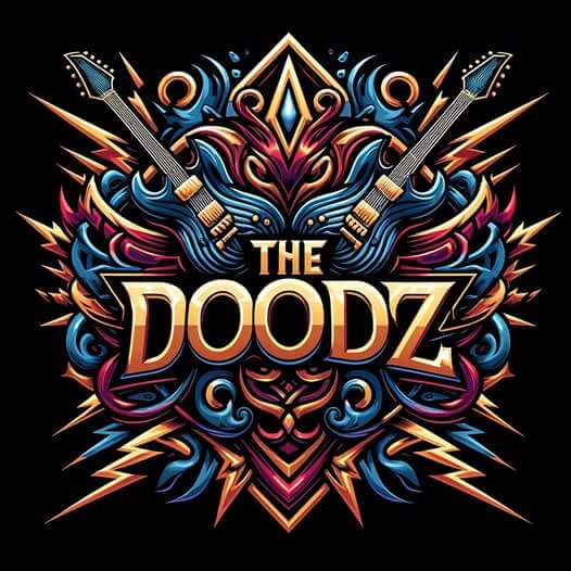 Colorful, stylized logo for The Doodz rock band featuring electric guitars, lightning bolts, and bold, metallic text with intricate flame-like artwork in red, blue, and gold tones.