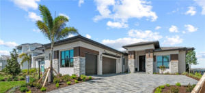 Contemporary single-story home with stone accents, palm landscaping, and paved driveway