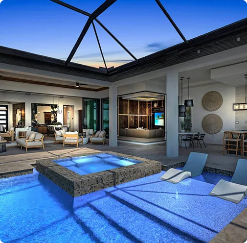 Luxury poolside area designed by experienced custom home builders, featuring elegant outdoor living spaces, premium landscaping, and resort-style amenities for coastal living.