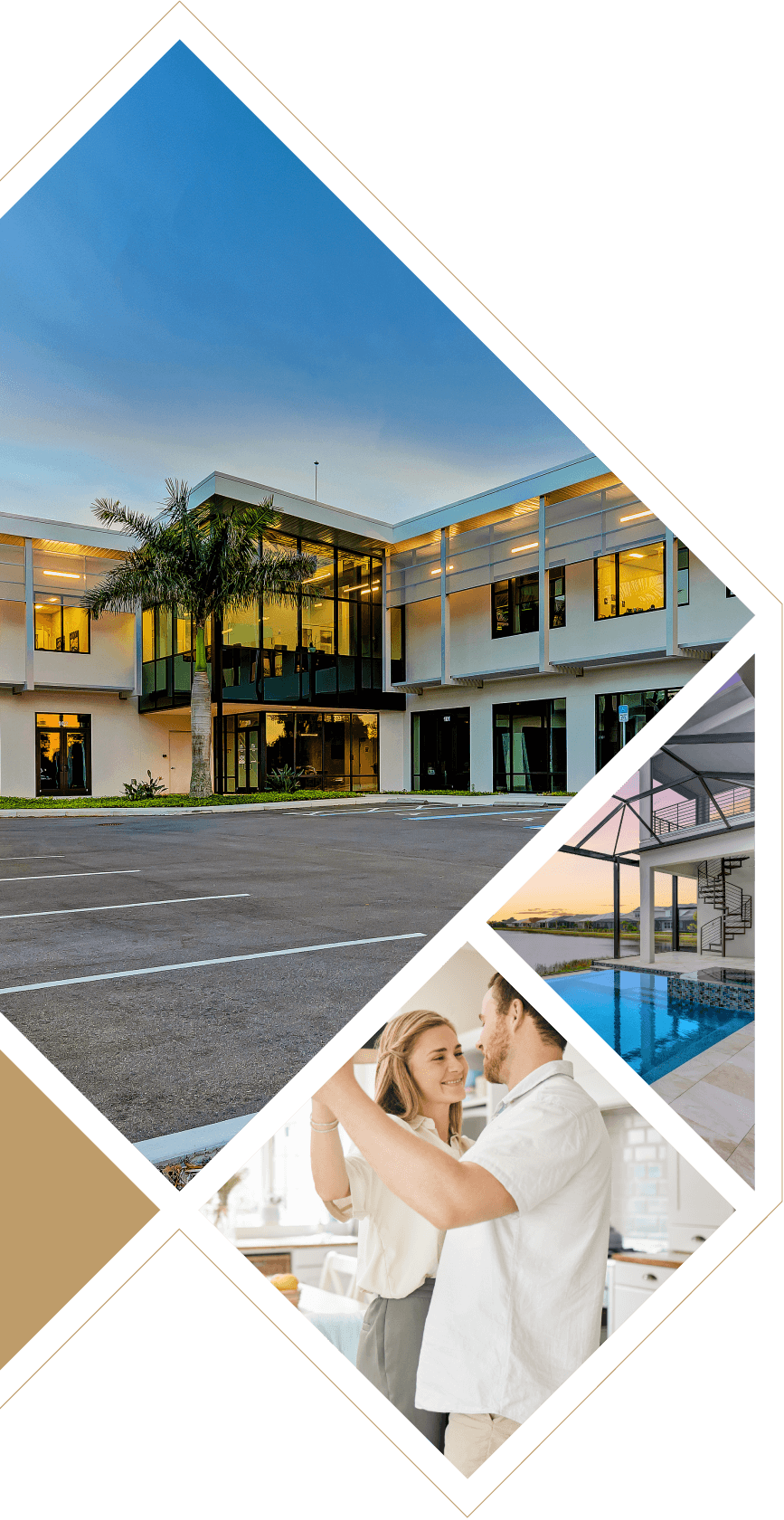 Modern building with parking lot, couple dancing by a pool