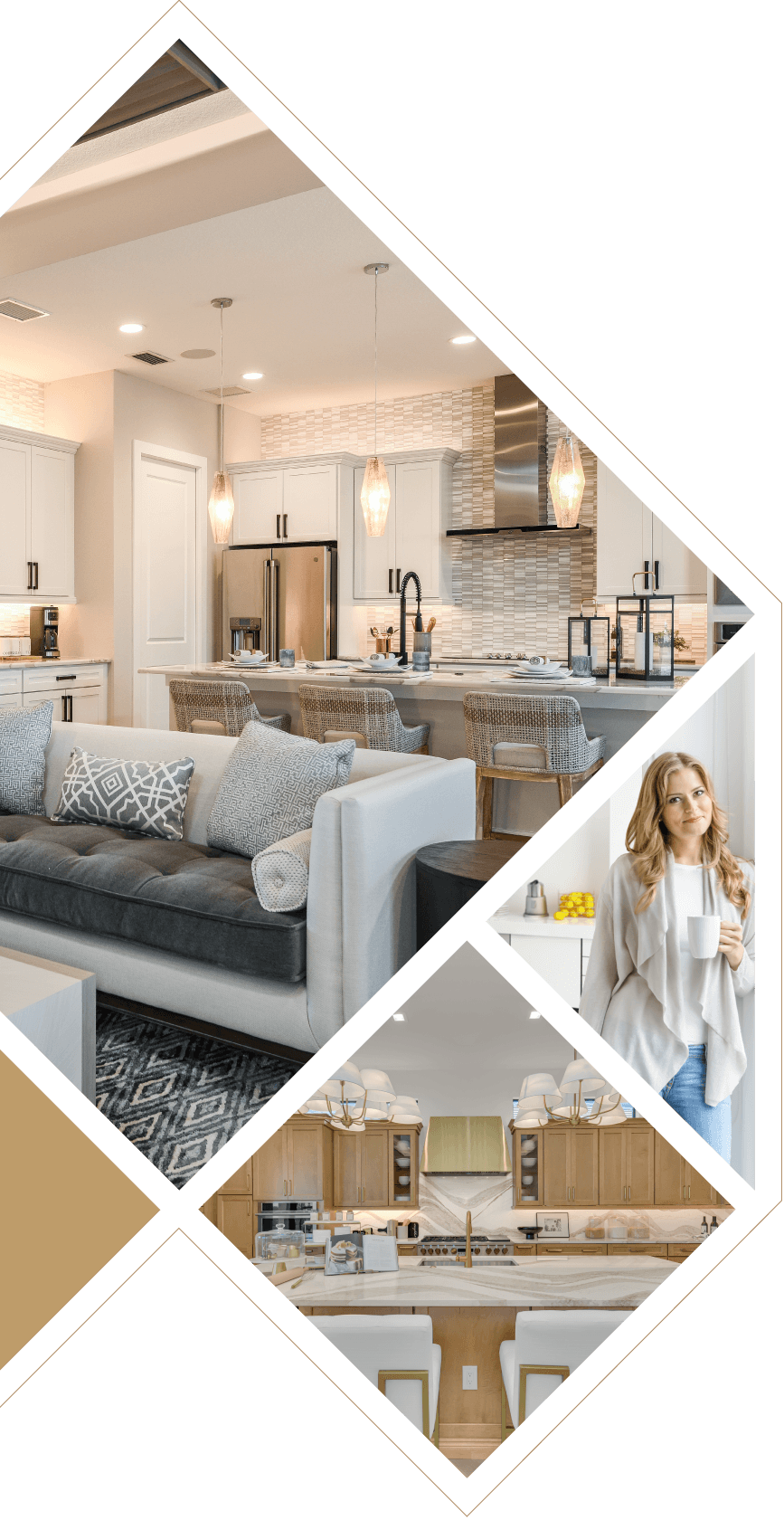 Modern kitchen and living room interior with a woman standing in the kitchen.