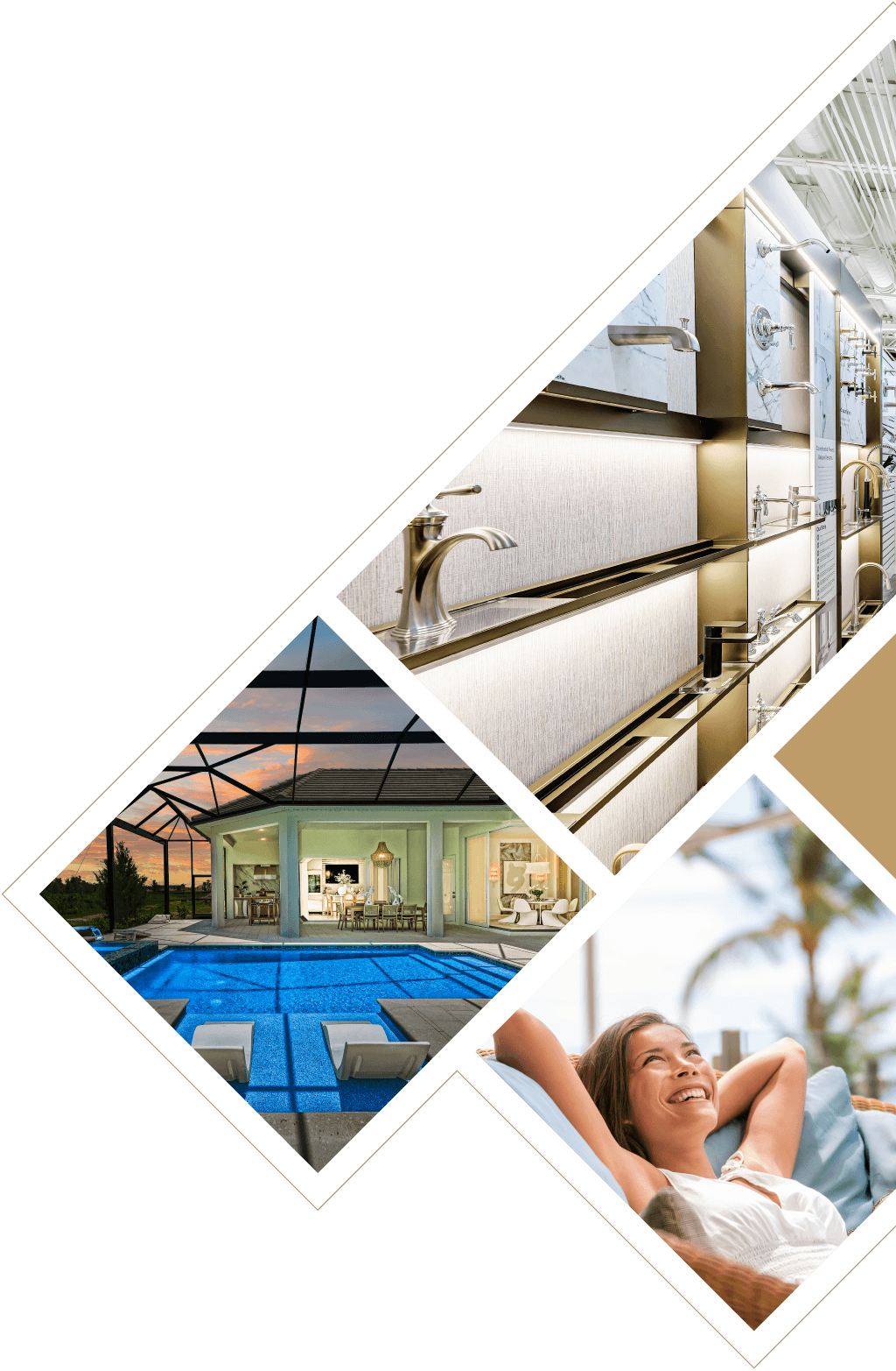 Luxury home features: pool, bathroom fixture, and relaxing person.