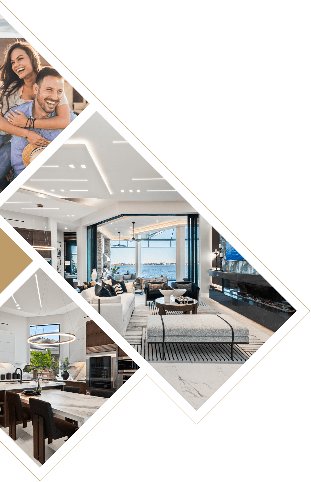 Couple smiling in a luxury home interior; modern living room with water view; dining area with dark wood table and chairs.