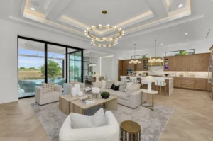 Modern luxury living room designed by custom home builders featuring double-height ceilings, natural materials, smart lighting, and open-concept indoor-outdoor inspired living.