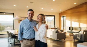 Happy homeowners inside their finished custom-built home.