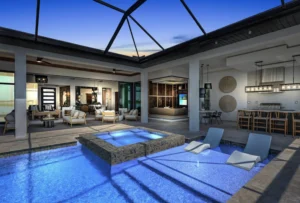 Luxury smart home outdoor entertainment system with integrated speakers and lighting