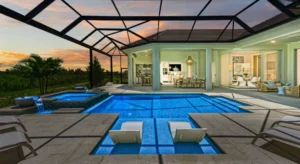 Lee Wetherington Homes covered pool area featuring glass roof and elegant seating arrangements