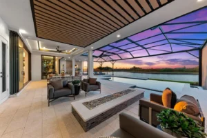 Luxury outdoor living space designed by a custom home builder, showcasing luxury home designs with seamless indoor-outdoor living. 