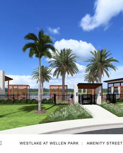 Architectural rendering of modern homes with palm trees and a fence in front of a lake.