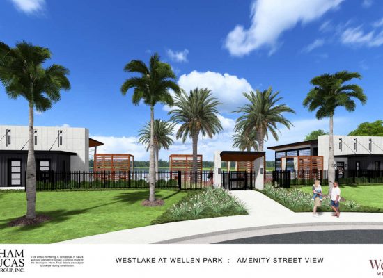 Architectural rendering of modern homes with palm trees and a fence in front of a lake.