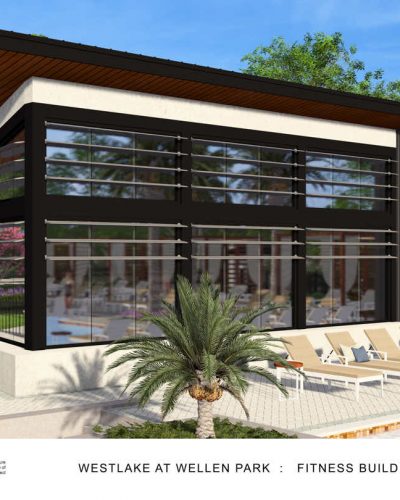 Fitness building with a pool and lounge chairs in a lush outdoor setting