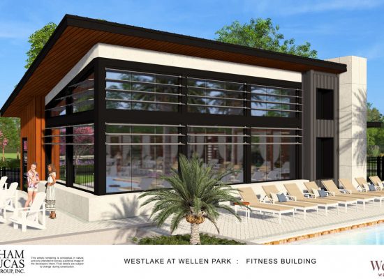 Fitness building with a pool and lounge chairs in a lush outdoor setting