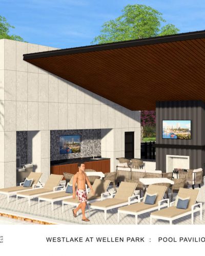 Pool pavilion concept rendering with seating, a television, and landscaping.