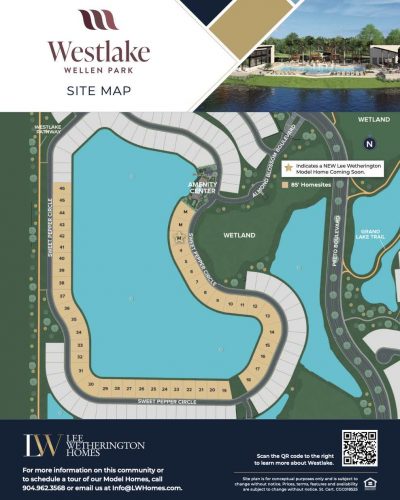 Westlake site map showing streets, amenities, and house lots. Lee Weatherington Homes logo and contact information are included.